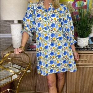 entro Blue & Yellow Floral V-Neck Mini Dress